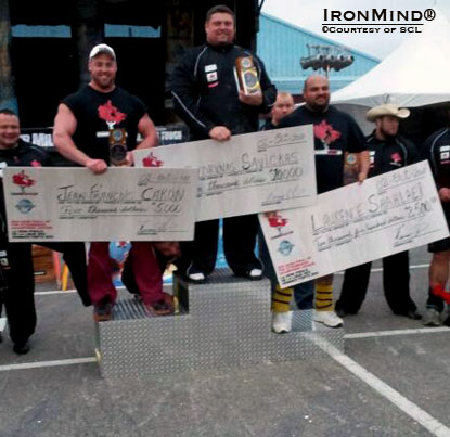 Here’s the podium for the inaugural SCL–Canada strongman contest, which served as the semi-finals in the 2011 Strongman Champions League season.  Zydrunas Savickas’ prize package included $10,000 cash.  IronMind® | Courtesy of SCL.