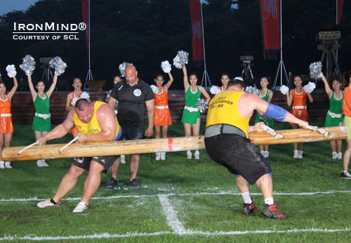 Agris Kazelniks (left) and Zydrunas Savickas on the Pole Push at the SCL Shanghai Cup.  IronMind® | Courtesy of SCL.