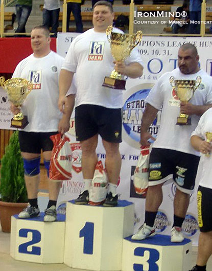 Here’s the podium at Strongman Champions League-Hungary.  (left to right) Andrus Murumets, third place, Zydrunas Savickas, first place, and Ervin Katona (third place).  IronMind® | Marcel Mostert photo.