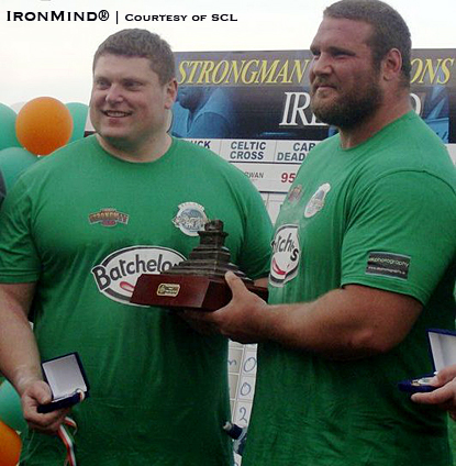 Zydrunas Savickas (left) and Terry Hollands (right) tied for first place at the Strongman Champions League–Ireland contest yesterday.  IronMind® | Photo courtesy of SCL.