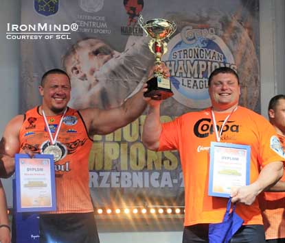Misha Koklyaev (left) and Zydrunas Savickas (right) shared top honors at SCL–Poland.  IronMind® | Photo courtesy of SCL.