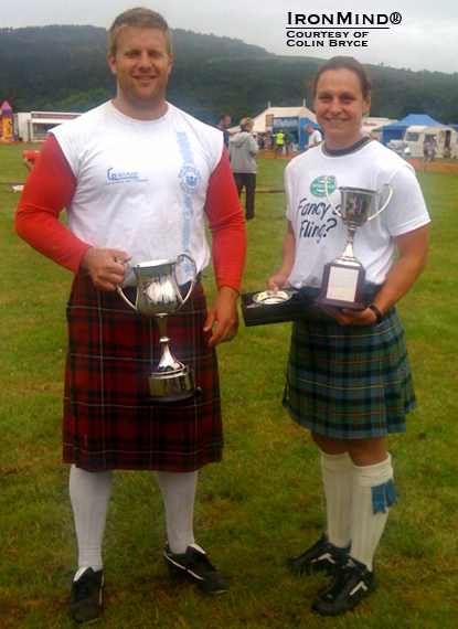 Scott Rider won the overall men’s title at the Callandar Highland Games and Adriane Blewitt won the women’s World Caber Championships.  IronMind® | Photo courtesy of Colin Bryce.
