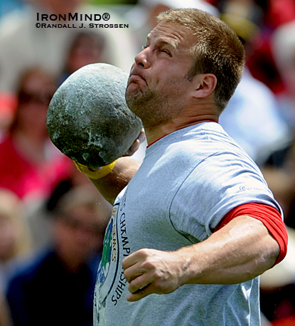 Scott Rider (England) started strongly today at the IHGF Heavy Events World Championships and ended up in a three-way tie for first place going into the final day of competition tomorrow.  IronMind® | Randall J. Strossen photo.