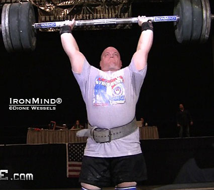 Scott Weech hit this big 423-lb. lift on the IronMind Apollon’s Axle in the first day of action at the 2011 ASC US National Strongman Championships yesterday.  IronMind® | Photo courtesy of Dione Wessels.