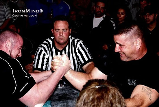 Super heavyweight action at the Southeast Armwrestling Challenge: That’s Dave Chaffee (left) and Walther (right).  IronMind® | John Wilson photo.