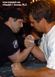 It takes a lot of table time to develop the kind of arm-wrestling skills displayed by Simon Berriochoa (left) and Bill Brzenk (right), shown pulling at the 2005 Crystal Bay tournament, but it should go without saying that grip strength and arm wrestling go together like ham and eggs. IronMind® | Randall J. Strossen, Ph.D. photo.