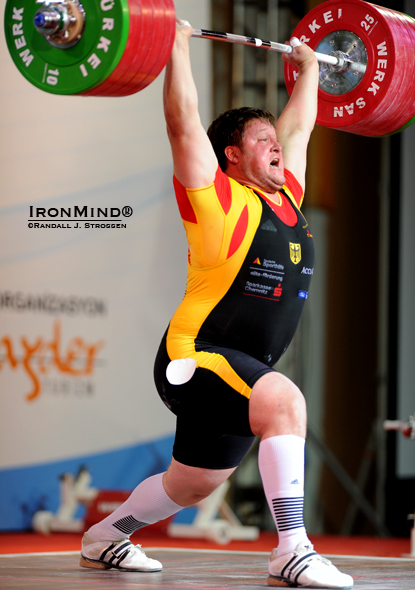 Antalya has something of a good history for Matthias Steiner, as he made this 246-kg gold medal lift in the clean and jerk at the 2010 World Weightlifting Championships (Antalya, Turkey).  IronMind® | Randall J. Strossen photo.