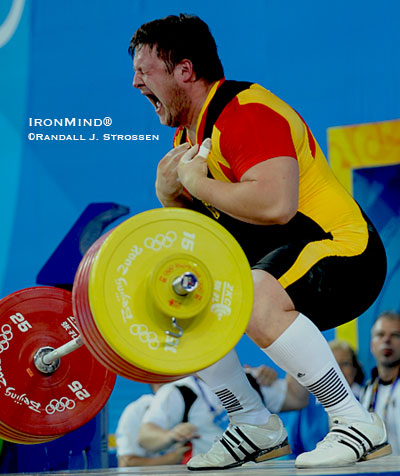 Germany's Matthias Steiner produced a stunning victory at the 2008 Olympics when he made this sensational 258-kg clean and jerk on the last attempt of the competition.  IronMind® | Randall J. Strossen photo.