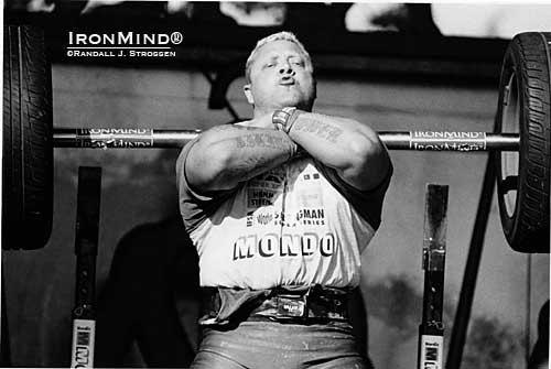 Strongman history: It was the 2002 IFSA Super Series Finals in Hawaii and 2001 World’s Strongest Man winner Svend Karlsen was one of three competitors to front squat the winning three reps with 500 lb. on an IronMind Apollon’s Axle (the other two were Mariusz Pudzianowski and Zydrunas Savickas).  IronMind® | Randall J. Strossen photo.