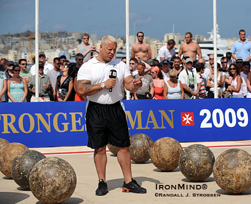 On the set of the 2009 World’s Strongest Man (WSM) contest, Svend Karlsen wields a mighty microphone - doing background for the Norwegian broadcast of WSM ’09.  IronMind® | Randall J. Strossen photo.