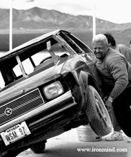 Nice Viking fun: rolling a car in the desert. World's Strongest Man winner Svend Karlsen is relocating to Las Vegas in November, so if you need him for seminars, appearances, TV commercials, etc., now is the time to book him. IronMind® | Randall J. Strossen, Ph.D. photo (Primm, Nevada).