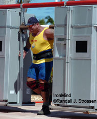 Svend Karlsen given the Fridge Carry a run for its money at the 2004 World's Strongest Man contest (Paradise Island, Bahamas). IronMind® | Randall J. Strossen, Ph.D. photo.
