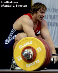 He's all smiles now, but this gold medal 211-kg snatch made by Evgeni Tchigishev (Russia) at the 2005 World Weightlifting Championships (Doha, Qatar) was described by Jim Schmitz as being one of the hardest snatches he's ever seen. That's only part of the pain associated with a lift like this, and pain - different kinds of pain - is what Jim Schmitz's latest column is about. IronMind® | Randall J. Strossen, Ph.D. photo.