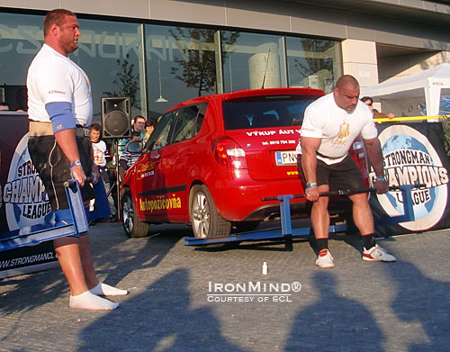 Terry Hollands (left) and Ervin Katona (right) are coming into the 2010 Strongman Champions League Grand Finale in first and second place, respectively.  Who will leave Kiev as the overall SCL champion this year?  IronMind® | SCL photo.