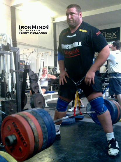 Despite tearing a biceps earlier this year, Terry Hollands will be competing at WSM 2010.  Here, Terry is shown down a 405-kg hip belt squat/hip lift.  IronMind® | Photo courtesy of Terry Hollands.
