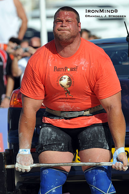 Shown on the Car Deadlift at the 2009 World's Strongest Man (WSM) contest, Terry Hollands (England) was off to a huge start early in the 2010 strongman season, leading some strongman fans to predict that this would be his year to win WSM.  Unfortunately, Terry tore a biceps this past weekend at the Europe's Strongest Man contest, as did Jimmy Marku.  IronMind® | Randall J. Strossen photo.