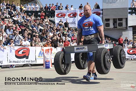 Hafthor Julius Bjornsson on the Frame Carry at the MHP Strongman Champions League–Serbia, where he motored to victory.  IronMind® | Courtesy of Aryn Lockhart/Strongman Rage