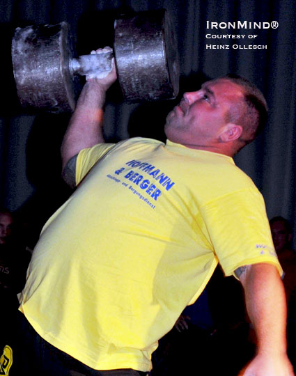 Tobias Ide (2008 Germany’s Strongest Man) on the dumbbell press, which was part of the medley.  Ide’s Team Mecklenburg came in 4th place.  IronMind® | Photo courtesy of Heinz Ollesch.