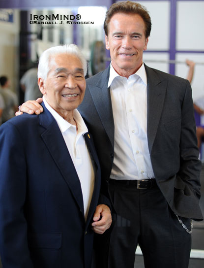 California Governor Arnold Schwarzenegger said that as a young man he watched Tommy Kono compete in the World Weightlifting Championships and was so inspired by Kono’s strength and  physique that he redoubled his own training efforts.  The result of this, the governor said, was that he won the Mr. Universe contest, which in turn led to his getting an invitation to come to the United States.  The rest, as they say, is history.  IronMind® | Randall J. Strossen photo.