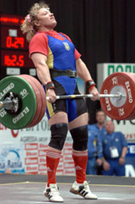Victoria Shaymardanova (Ukraine) cranks on 145 kg on her way to winning the women's +75 kg category at the European Weightlifting Championships today. IronMind® | Randall J. Strossen, Ph.D. photo.