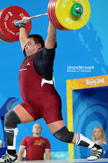 257 kg overhead: This is how close Viktors Scerbatihs (Latvia) came to making what most likely would have been the gold medal lift at the 2008 Olympics.  Scerbatihs is entered in the upcoming European Weightlifting Championships, on his way to competing in his fifth Olympics.  IronMind® | Randall J. Strossen photo.