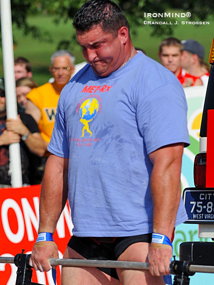Sebastian Wenta is also a top strongman competitor; here, he’s competing in the 2008 World’s Strongest Man contest.  IronMind® | Randall J. Strossen photo.