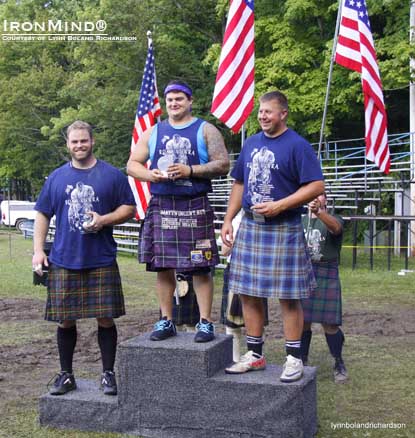 Matt Vincent (center) won the 2012 World Heavy Events Championships in Fergus, Ontario.  Mike Pockoski (right) was second and Dan McKim (left) was third.  IronMind® | Photo courtesy of Lynn Boland Richardson.
