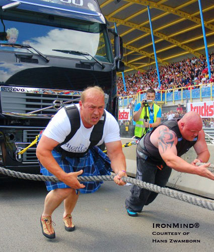 Wout Zijlstra and Jan Wagenaar supply the horsepower in this two-man truck pull.  IronMind® | Photo courtesy of Hans Zwamborn.
