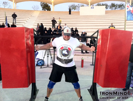 Josh Thigpen (USA) edged out Stefan Solvi Petursson (Iceland) by one point for top honors today at WSF World Strongmen Championships in Abu Dhabi.  IronMind® | Courtesy of ASF.