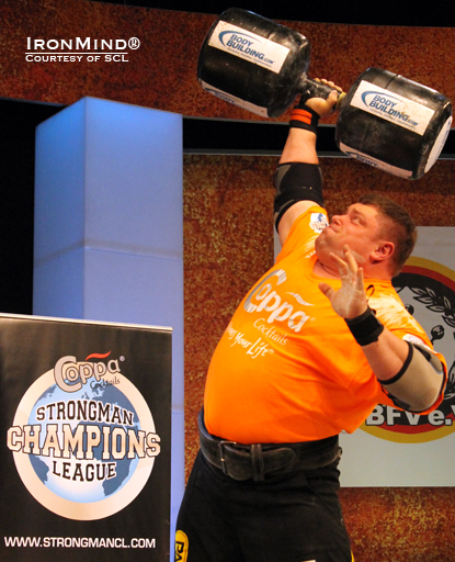 Zydrunas Savickas turned out another powerful performance and won the 2012 SCL strongman competition at the FIBO this weekend.  IronMind® | Photo courtesy of SCL.