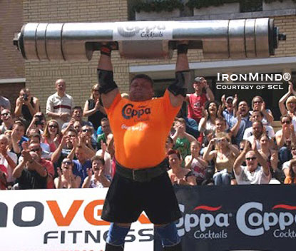 Zydrunas Savickas boosted the Log Lift world record to 217.5 kg at the SCL–Holland strongman contest this weekend.  This was done on the old IFSA log, “not some midget log,” Marcel Mostert would note.  IronMind® | Photo courtesy of SCL.