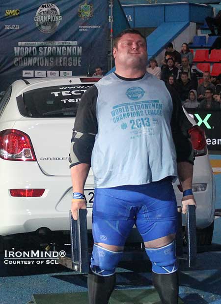 Zydrunas Savickas won the Car Deadlift for Reps, as well as the overall title, at the 2013 SCL–Russia competition held this weekend in Vladivostok.  IronMind® | Courtesy of SCL.