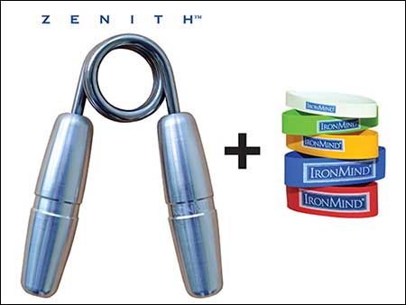 A Zenith Gripper and a set of Expand-Your-Hand Bands are the basic training tools for building strong and healthy hands—they’ll make your hands perform and feel better . . .  coming and going.  Image ©IronMind Enterprises, Inc.   