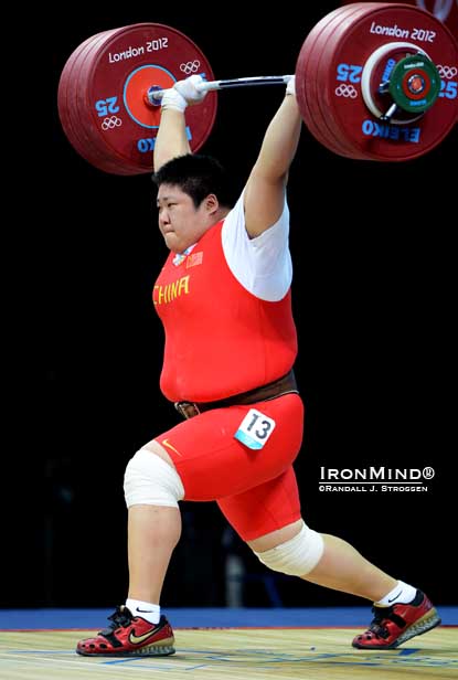 Zhou Lulu punched this 187-kg jerk overhead in what proved to be the gold medal lift in the women’s +75 kg category at the London Olympics this afternoon.  IronMind® | Randall J. Strossen photo.