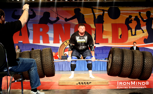 Zydrunas Savickas broke the world record on the Hummer Deadlift with a huge pull of 1117 lb.  IronMind® | Courtesy of United Strongmen™.