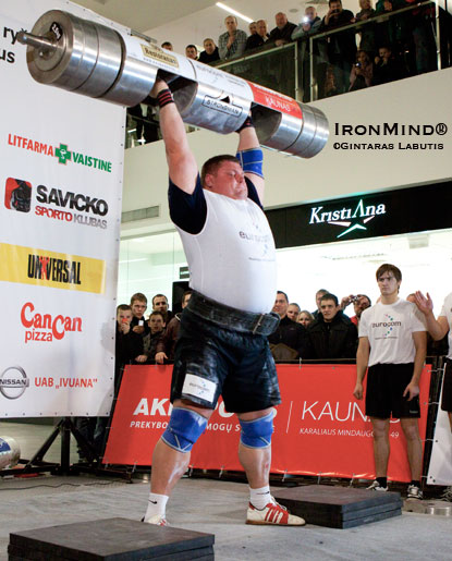 Zydrunas Savickas and his latest world record in the log lift: 212.5 kg.  IronMind® | Gintaras Labutis photo.