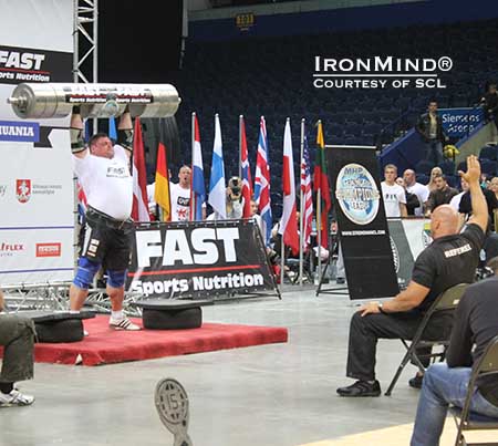 Long has Zydrunas Savickas dominated the log lift, and yesterday he pushed the world record to 222.5 kg.  IronMind® | Courtesy of SCL.