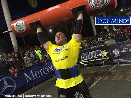Dainis Zageris tied for for first on the Log Lift for reps, on his way to winning Strongman Champions League (SCL) Martinique. IronMind® | Photo courtesy of SCL