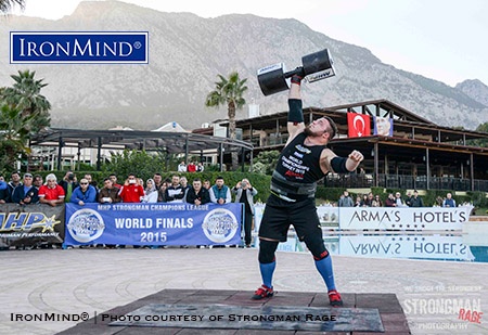 Matjaz Belsak won the second event in the 2015 SCL World Championship finals with ten reps with a 95kg dumbbell. IronMind® | Photo courtesy of Strongman Rage