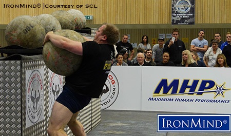 Ben Kelsey on the Atlas Stones, en route to winning the SCL World’s Strongest Man under 105 kg title. IronMind® | Photo courtesy of SCL