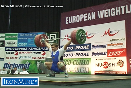 Vladimir Smorchov sank the putt on this 195-kg snatch at the 2005 European Weightlifting Championships—part of a six-for-six, three-gold medal performance in the 105-kg category. IronMind® | ©Randall J. Strossen photo