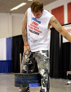 At the 2012 IronMind Record Breakers (held by Odd Haugen at the San Jose FitExpo), Adam Glass hauled up 100 kg to win the Little Big Horn, and as nobody has since exceeded Adam’s mark, what was then taken as an American record has burgeoned into no less than the de facto world record. Randall J. Strossen photo Reprinted with permission from the 2014 (Volume 23) IronMind catalog