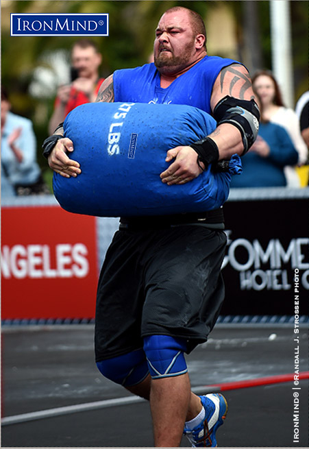 Hafthor Julius Bjornsson in flight with an IronMind sandbag at World's Srongest Man 2014. Randall Strossen photo.