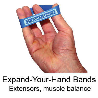 Expand-Your-Hand Bands allow you to work in a dynamic range of motion for maximum grip strength and sparkling hand health: you'll want to train the extensor muscles of your hands to counteract all the squeezing you're doing when crushing grippers.