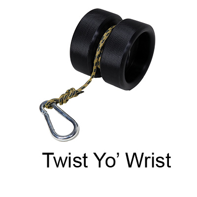 Twist Yo' Wrist: Give it a turn for strong wrists in all directions and a new way to pump up your forearms, training your grip strength at the same time.  The Twist Yo' Wrist trains both your grip, wrist and forearm, and the movement is radial and ulnar deviation--picture opening a jar of peanut butter with one hand on the lid, the other on the bottom of the jar and twisting. It is designed so that you train both concentrically (winding up the cord) and eccentrically (allowing it to unwind under control).