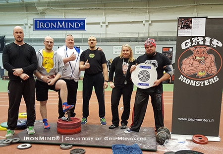 The 2017 Finnish Rolling Thunder National Championships produced notable performances on both the Rolling Thunder and the CoC Silver Bullet Hold. Left to right: Tomi Tuomi, Jouni Mähönen, Arto Joronen, Harri Tolonen, contest referee Yvonne Häkkinen/GripMonsters, Juha Harju. IronMind® | Photo courtesy GripMonsters