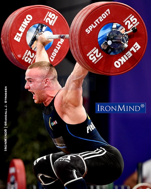 Oleksandr Pielieshenko Oleksandr Pielieshenko (Ukraine) on his way up with a 175-kg snatch at the European Weightlifting Championships in Split, Croatia, where he defended his 85-kg title. IronMind® | ©Randall J. Strossen photo