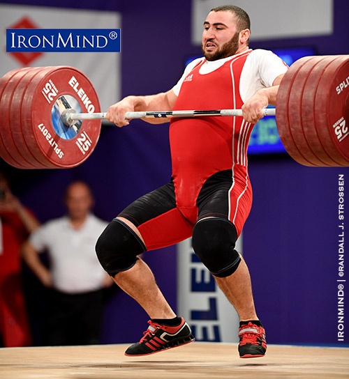 Simon Martirosyan 230 kg There was a lot of red on the board in the 105-kg class at the 2017 European Weightlifting Championships, which was won by Simon Martirosyan. Martirosyan’s performance included this 230-kg clean and jerk. IronMind® | ©Randall J. Strossen photo