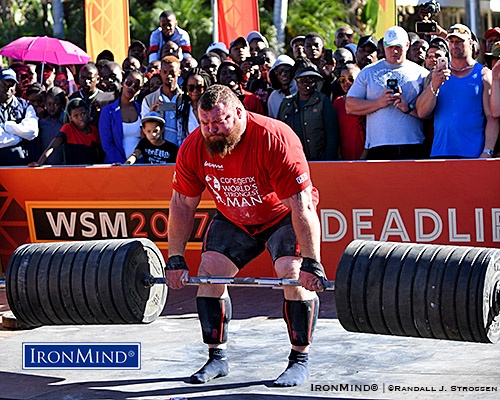 eddie hall 472.5 kg (UK) won the 40th anniversary edition of the World’s Strongest Man contest today with a performance that included this 472.5-kg deadlift. IronMind® | ©Randall J. Strossen photo