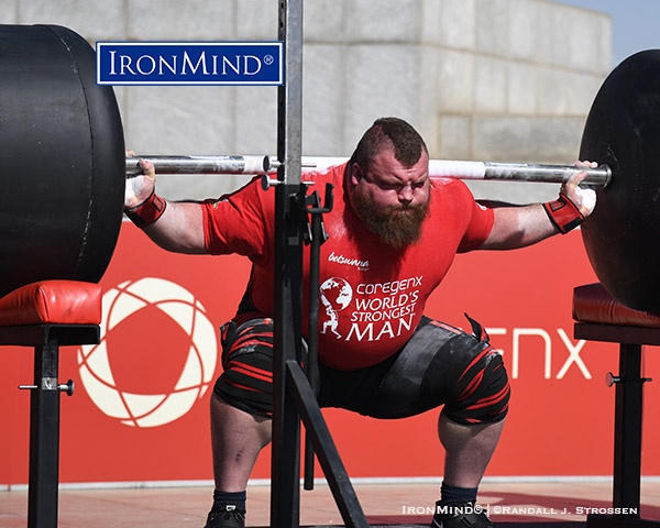 eddie hall squat wsm17 Eddie Hall pounded out a winning 15 reps on the squat, which used a stretched IronMind Apollon’s Axle fitted with massive globes and weighed 700 lb. IronMind® | ©Randall J. Strossen photo